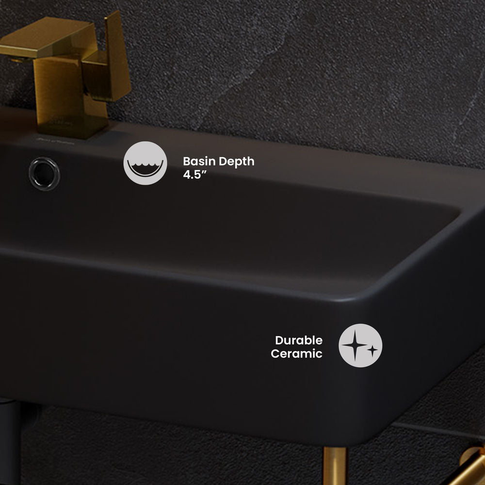 Carre 36 Ceramic Console Sink Matte Black Basin Brushed Gold Legs