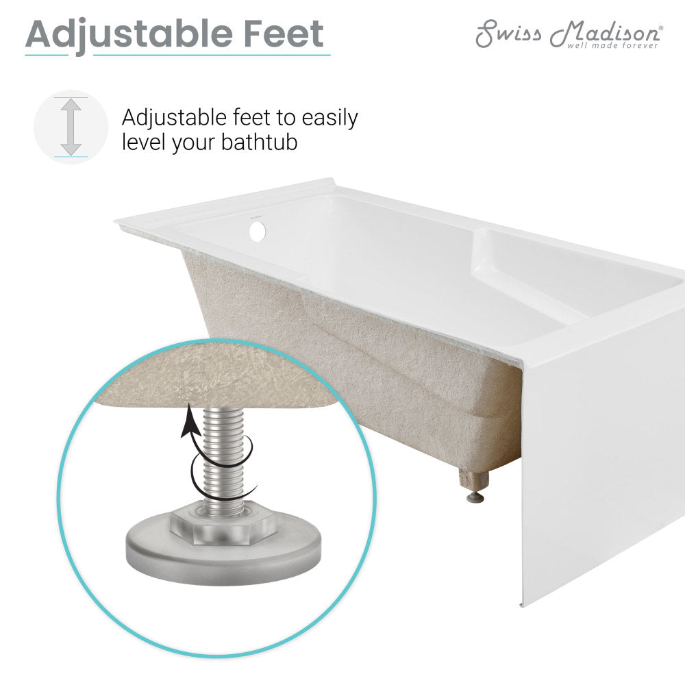 Alcove corner bathtub 60 x 32 inch with right hand drain and adjustable leveling feet.