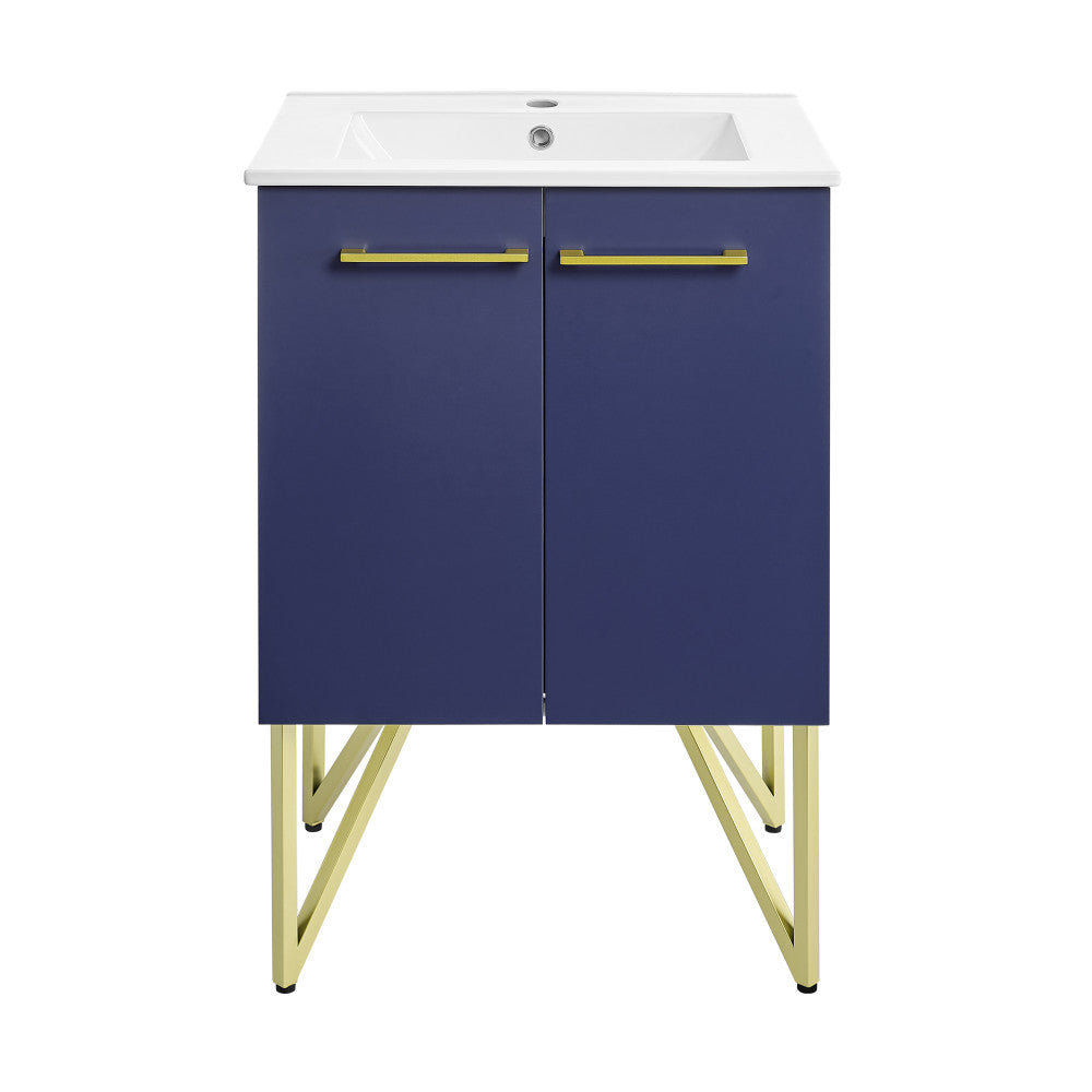 24-inch freestanding navy blue bathroom vanity with white sink top, gold handles, and gold legs.