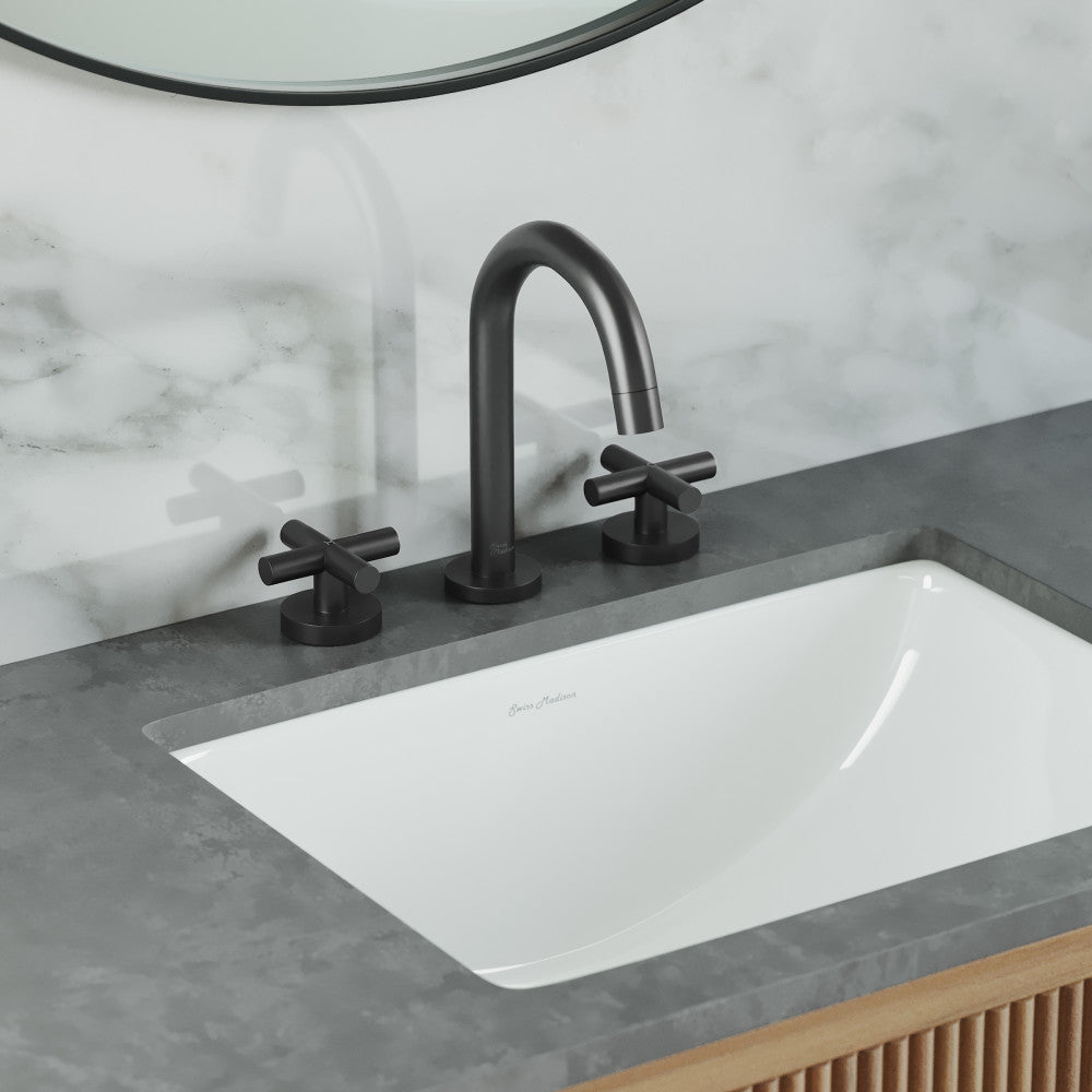 Widespread bathroom faucet in matte black with cross handles and curved spout.