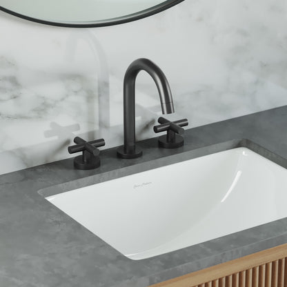Widespread bathroom faucet in matte black with cross handles and curved spout.