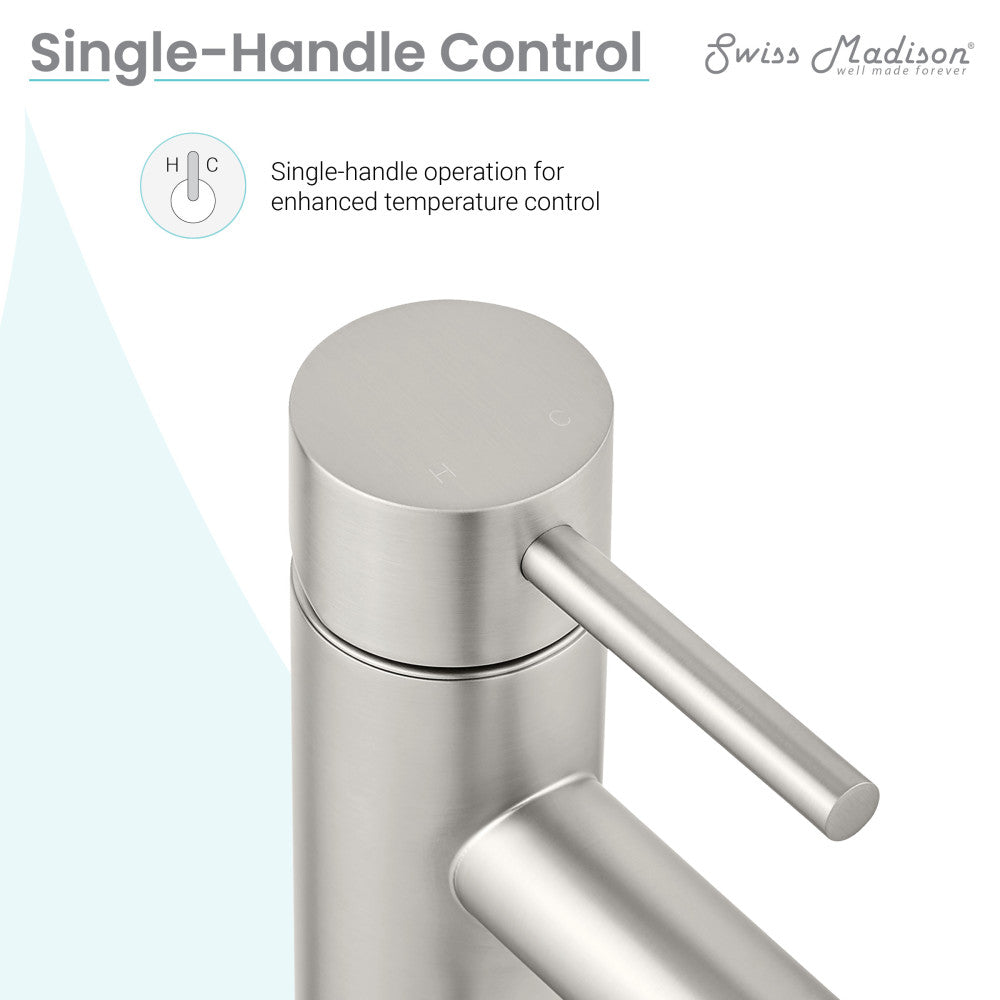 Single-handle bathroom faucet in brushed nickel, sleek cylindrical design with lever handle.