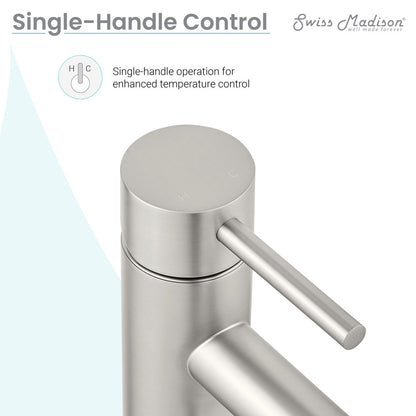 Single-handle bathroom faucet in brushed nickel, sleek cylindrical design with lever handle.