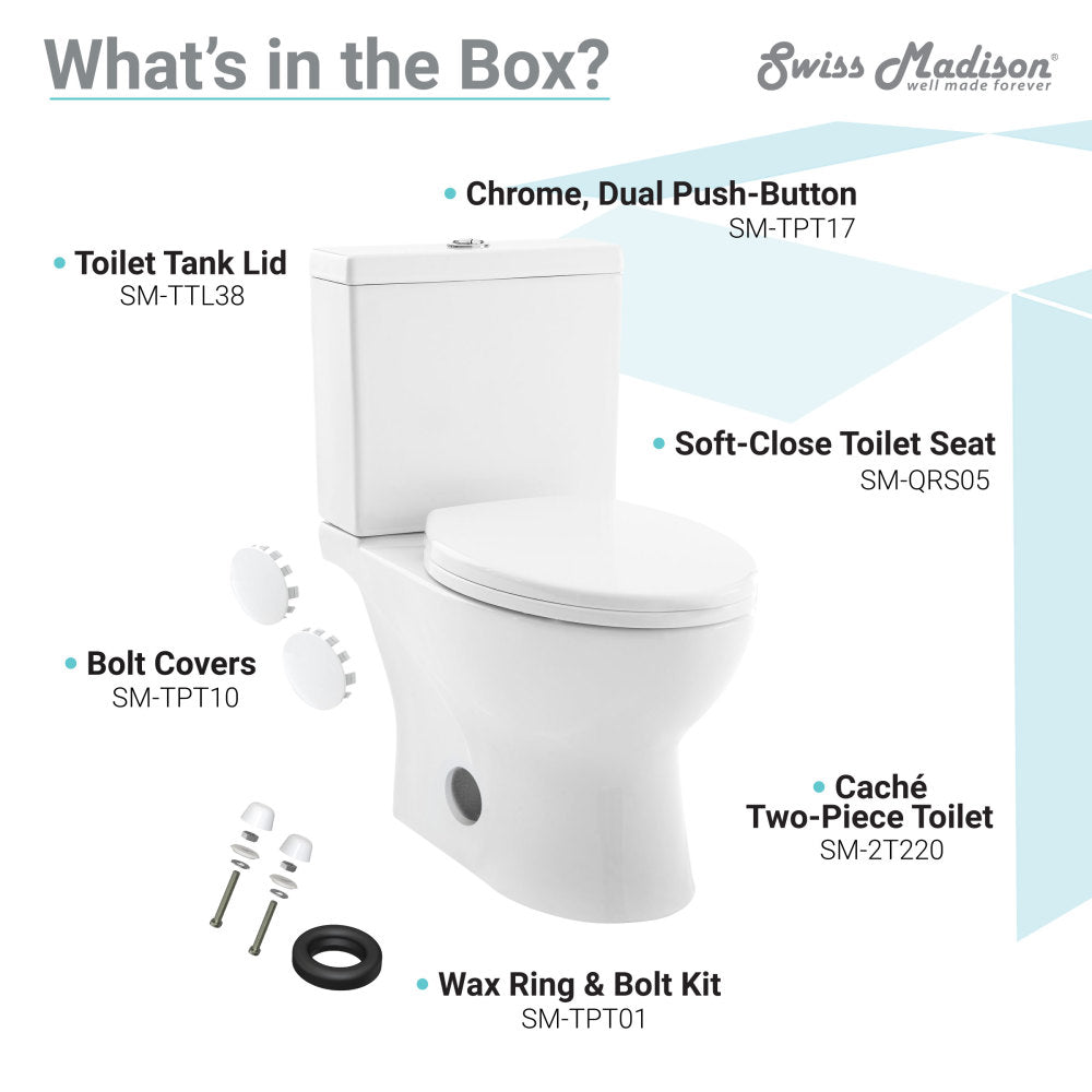Elongated two-piece toilet, dual-flush, soft-close seat, chrome push-button.