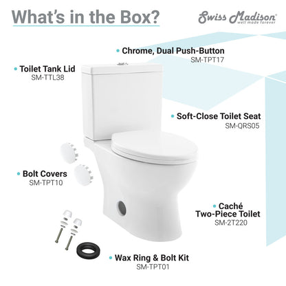 Elongated two-piece toilet, dual-flush, soft-close seat, chrome push-button.