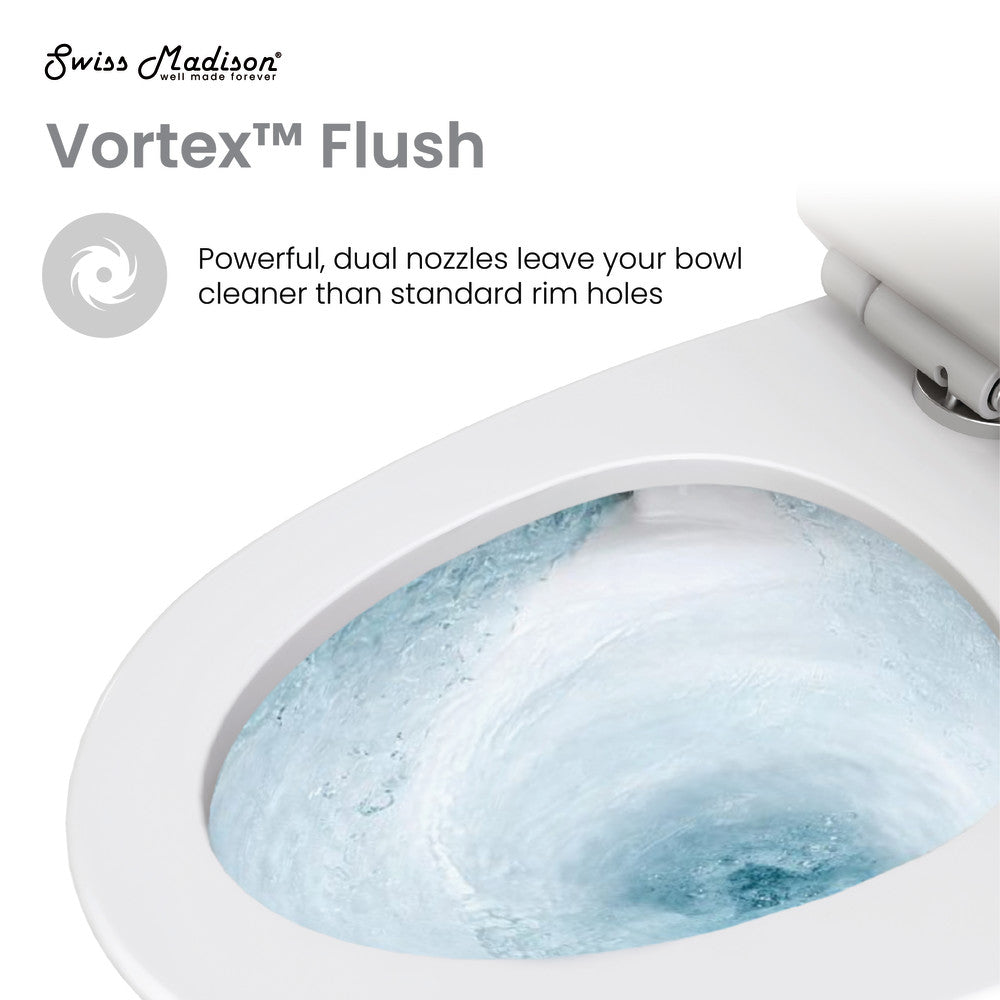 Elongated one-piece toilet with dual-flush, vortex flushing system, white porcelain bowl.