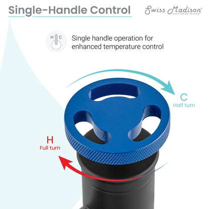 Single-handle bathroom faucet in matte black with blue wheel handle, single-hole mount.
