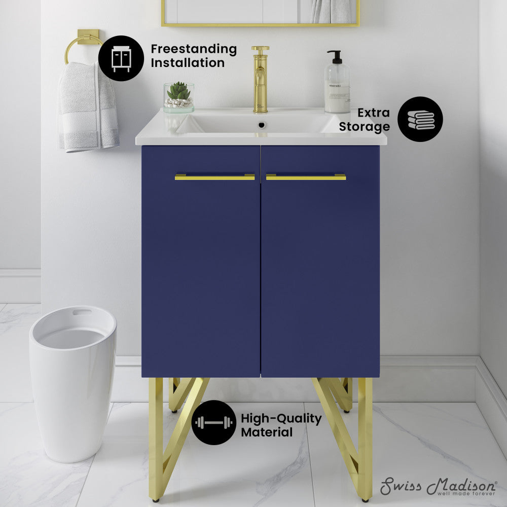 24-inch freestanding navy blue bathroom vanity with white sink top, gold hardware, and gold legs, soft-close doors.