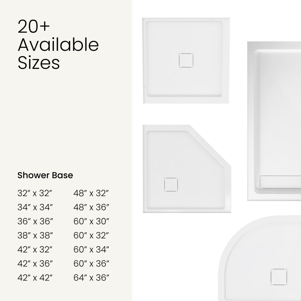 Marquette 38" x 38" Round Corner Double-Threshold Shower Pan Base with Center Drain in Glossy White