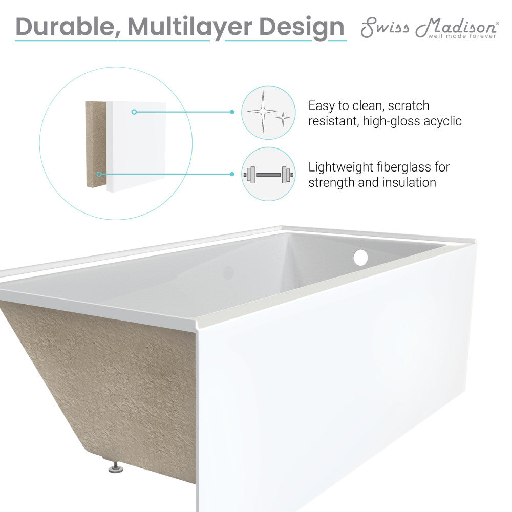 Alcove skirted bathtub 60x30 inch with right-hand drain, apron front, white acrylic finish.
