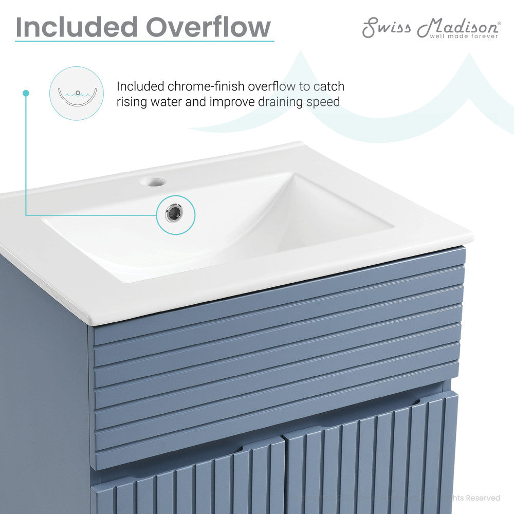 24-inch freestanding bathroom vanity in Blue Heather with sink top and horizontal groove panel design.