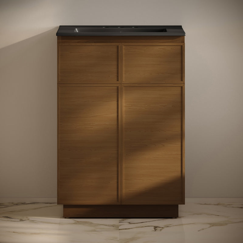 St. Tropez 24" Freestanding Bathroom Vanity in Brown Oak with Black 3-Hole Widespread Sink Top