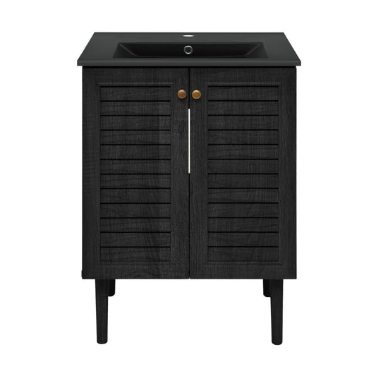 Bron 24" Freestanding Bathroom Vanity in Black Oak with Black Sink Top