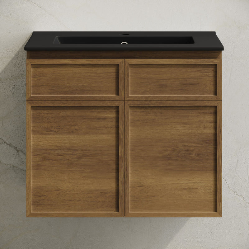St. Tropez 24" Wall-Mounted Bathroom Vanity in Brown Oak with Black Sink Top