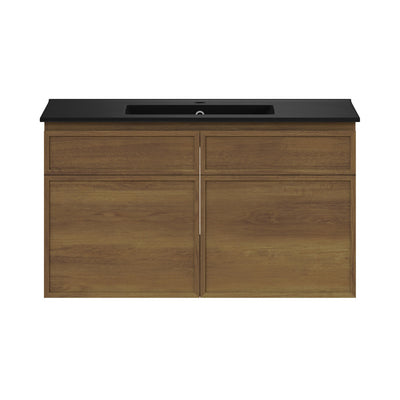 St. Tropez 36" Wall-Mounted Bathroom Vanity in Brown Oak with Black Sink Top