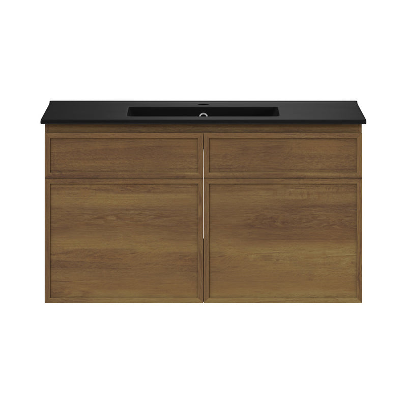 St. Tropez 36" Wall-Mounted Bathroom Vanity in Brown Oak with Black Sink Top