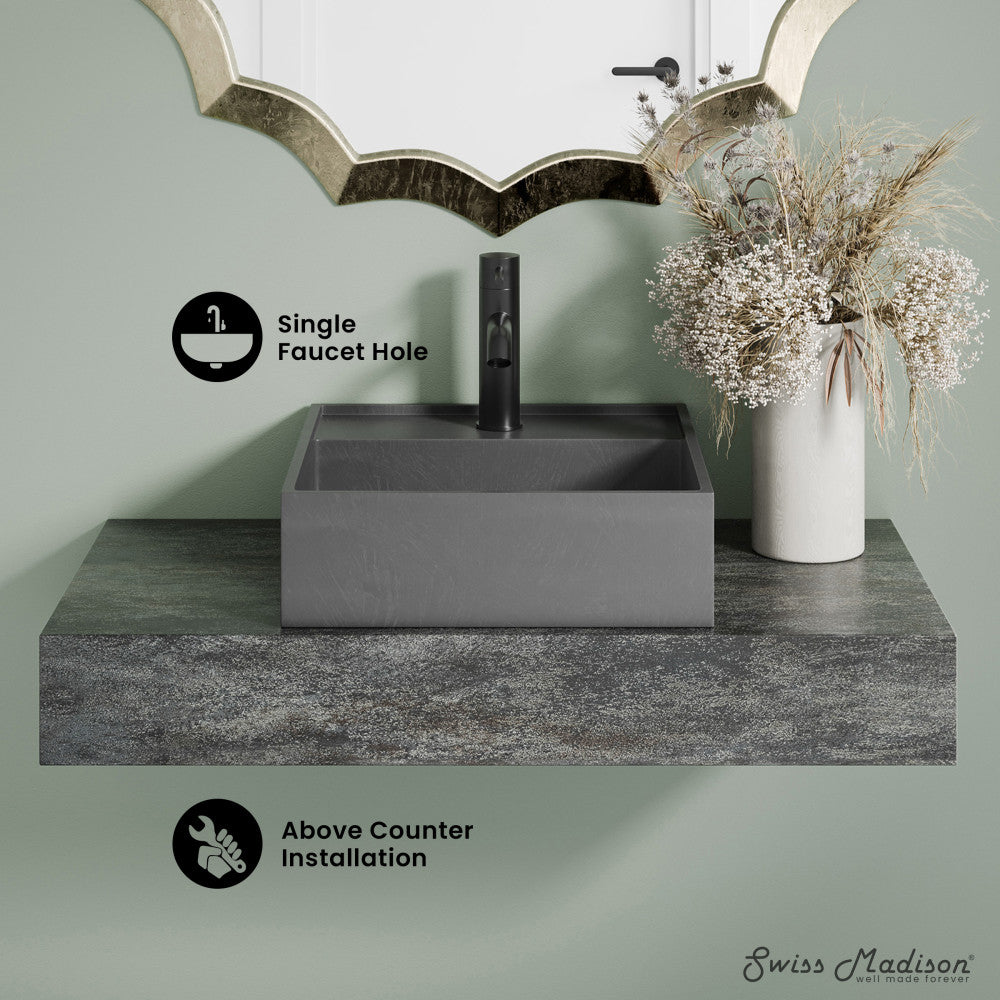 16" square above-counter concrete vessel bathroom sink in dark grey with single faucet hole.