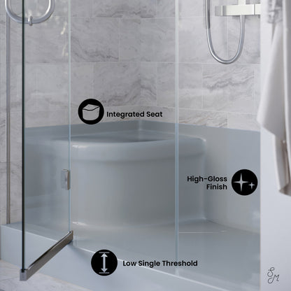 Aquatique 60" x 32" Single Threshold Shower Base With Right Hand Drain and Integral Left Hand Seat in Gray