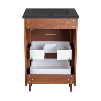 Daxton 24" Freestanding Bathroom Vanity in Brown Oak with Black Sink Top