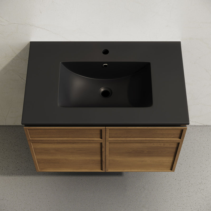 St. Tropez 30" Wall-Mounted Bathroom Vanity in Brown Oak with Black Sink Top