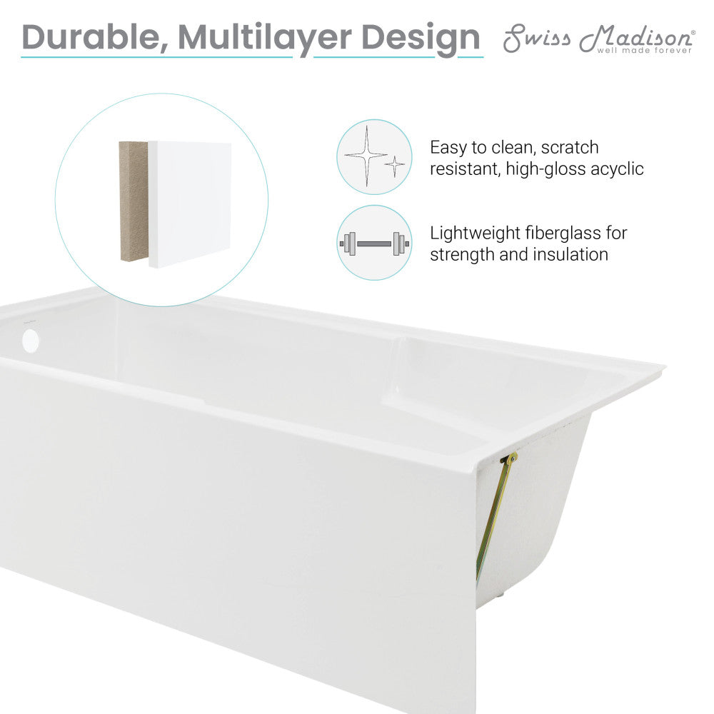 Alcove skirted bathtub 72" x 36" with left-hand drain, apron front, and built-in armrest.