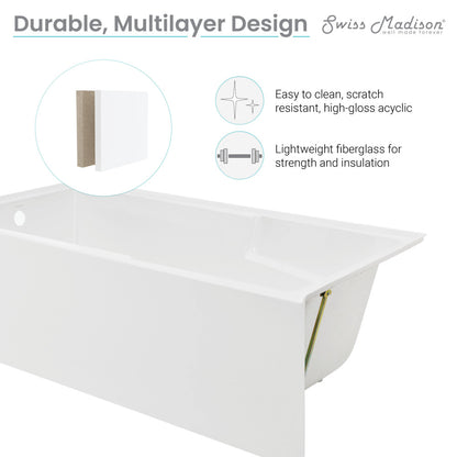 Alcove skirted bathtub 72" x 36" with left-hand drain, apron front, and built-in armrest.