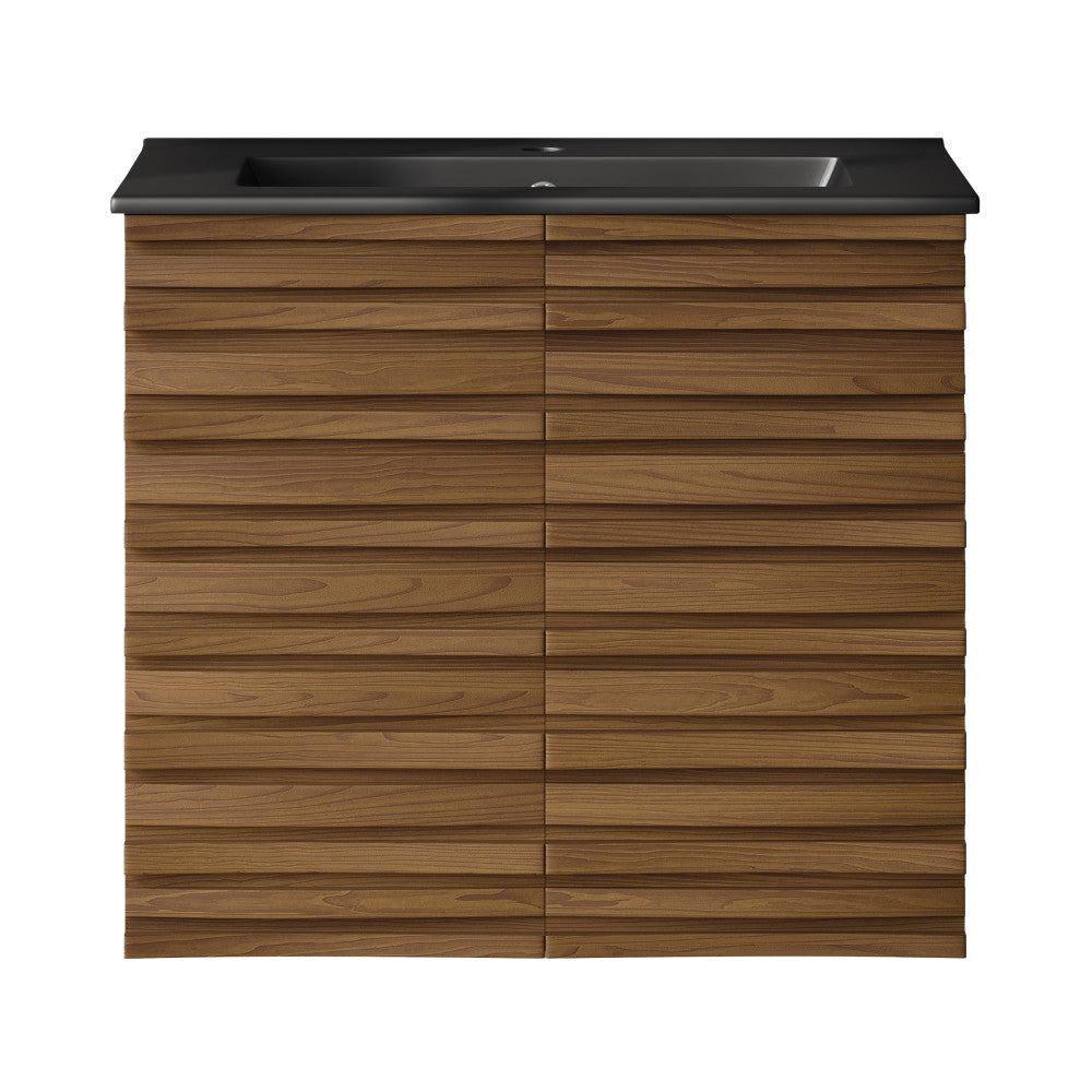 Cascade 24" Wall-Mounted Bathroom Vanity in Brown Oak with Black Sink Top