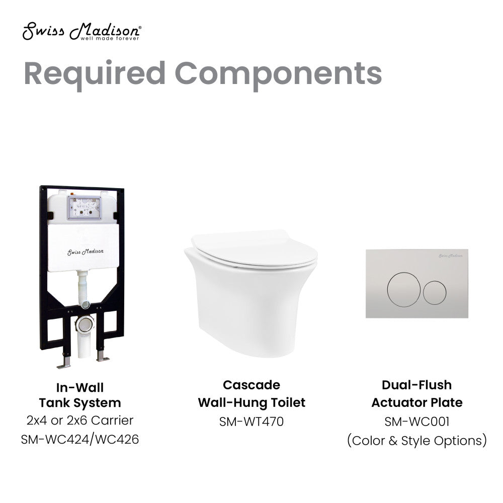 Wall-hung elongated toilet bowl with dual-flush actuator plate and in-wall tank system.