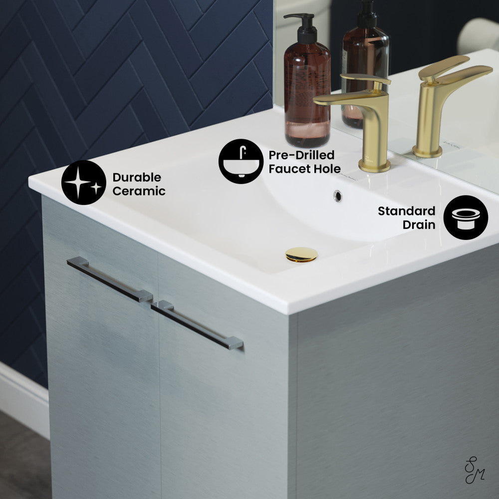 24-inch freestanding gray bathroom vanity with single sink, ceramic top, and pre-drilled faucet holes.
