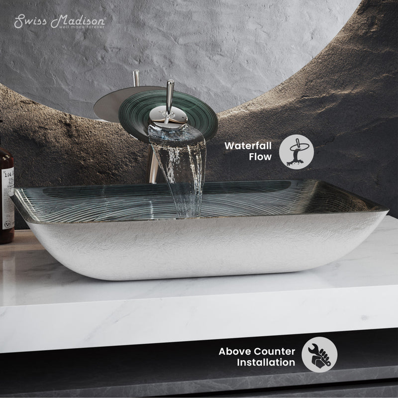 Cascade Rectangular Glass Vessel Sink with Faucet, Smoky Gray