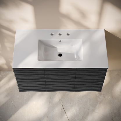 Cascade 36" Wall-Mounted Bathroom Vanity in Black Oak with 3-Hole Widespread Sink Top