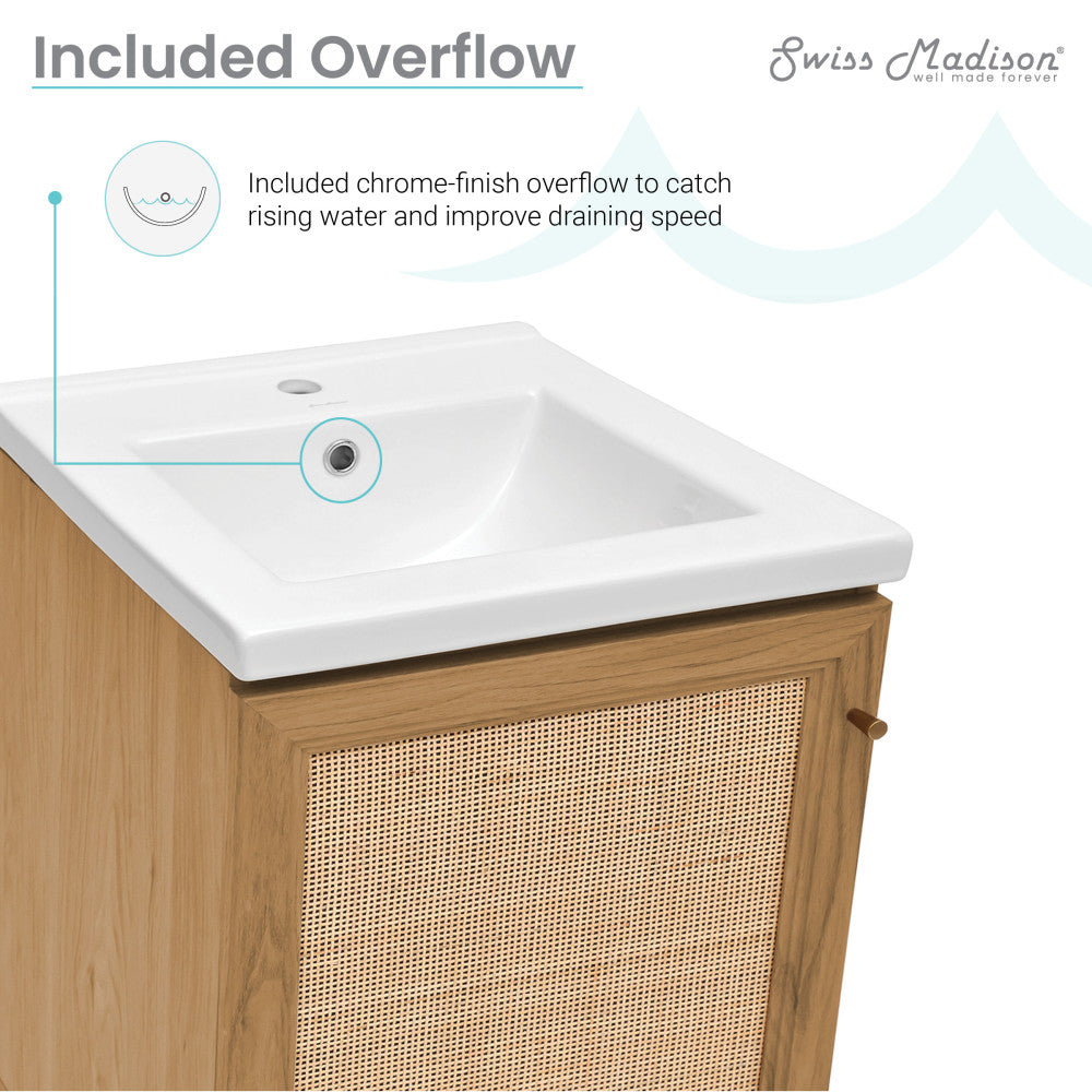 18-inch freestanding bathroom vanity in golden oak, single sink, woven front door panel.