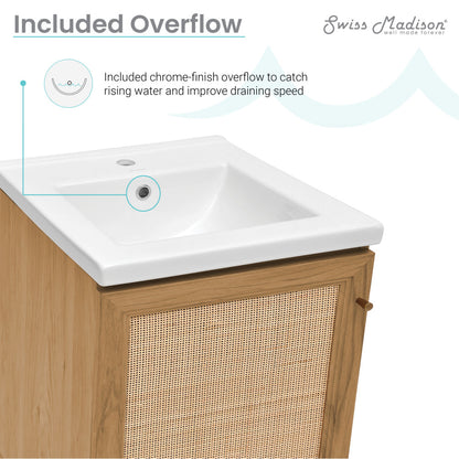 18-inch freestanding bathroom vanity in golden oak, single sink, woven front door panel.