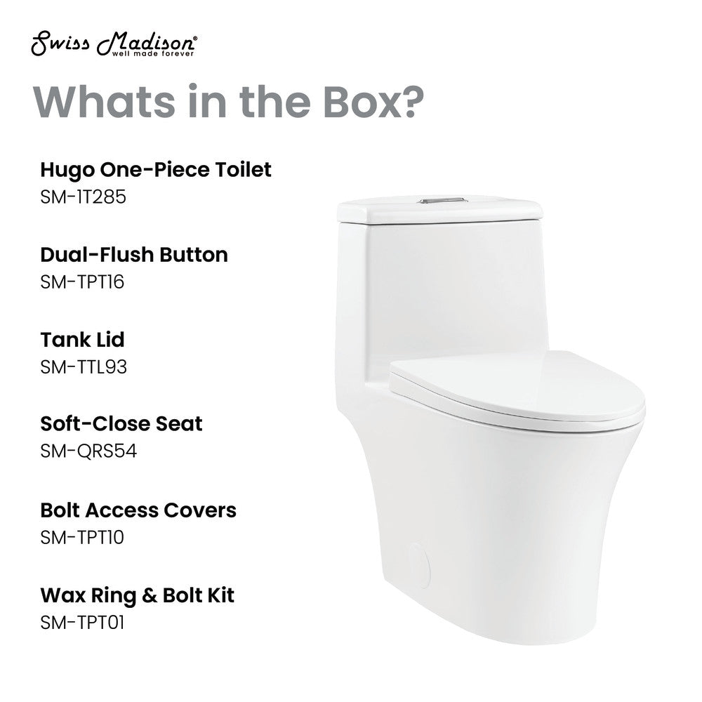Elongated one-piece toilet, dual flush, soft-close seat, skirted trapway, white ceramic.