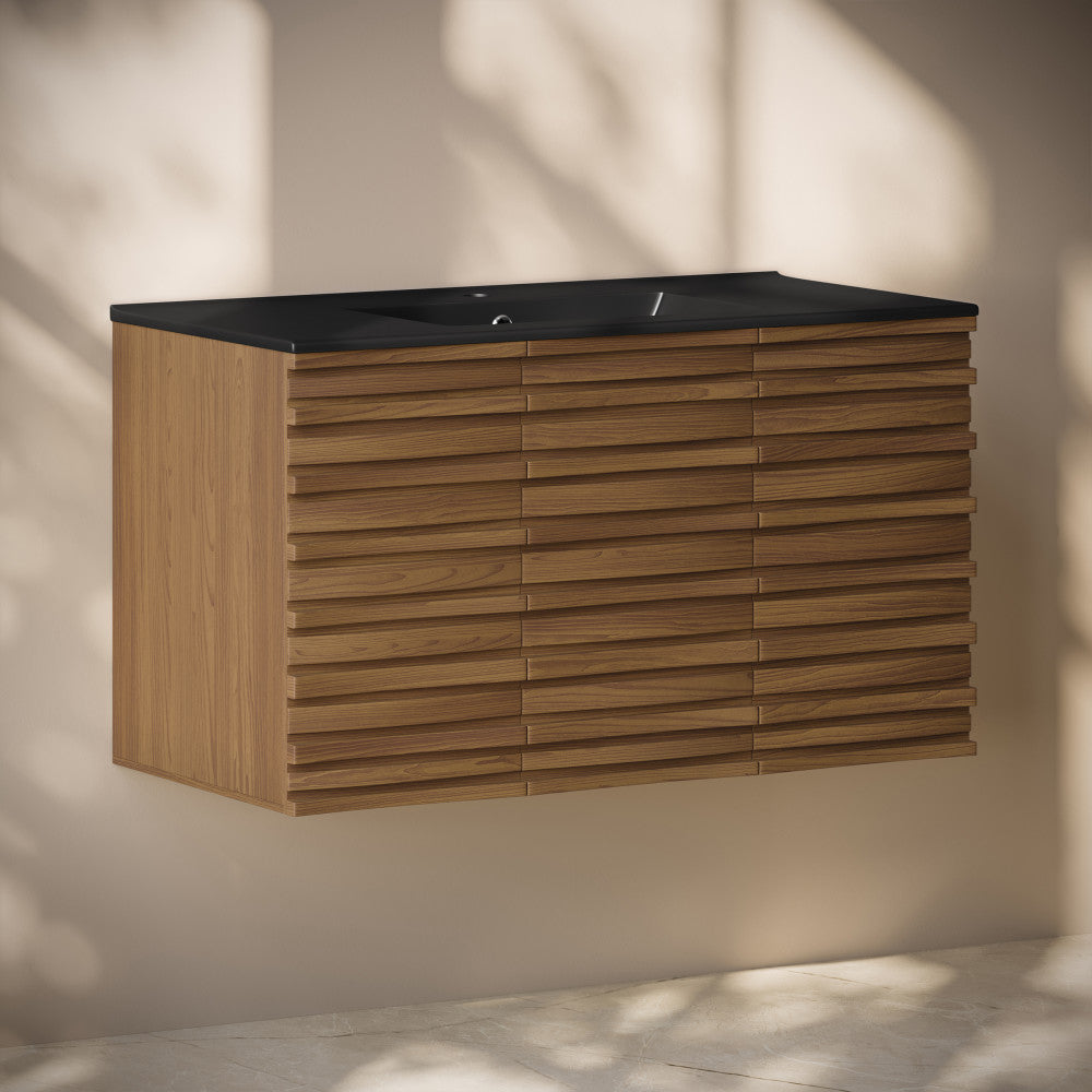 Cascade 36" Wall-Mounted Bathroom Vanity in Brown Oak with Black Sink Top