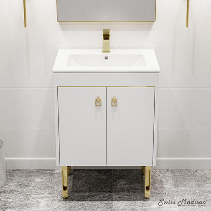 24-inch freestanding white bathroom vanity with sink top, gold handles, and legs.
