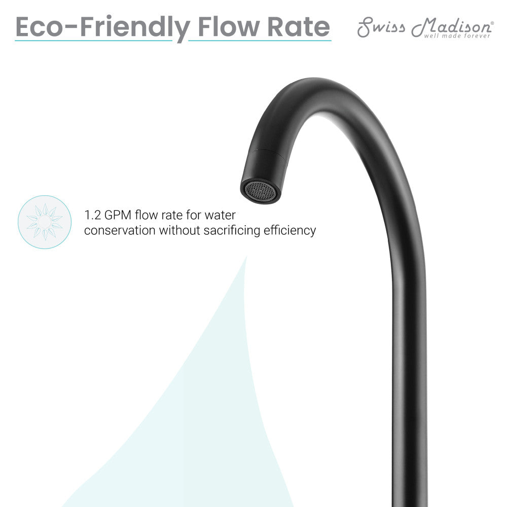 Widespread bathroom faucet in matte black, 8-inch centers, single handle with curved spout.