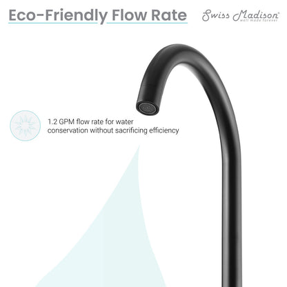 Widespread bathroom faucet in matte black, 8-inch centers, single handle with curved spout.