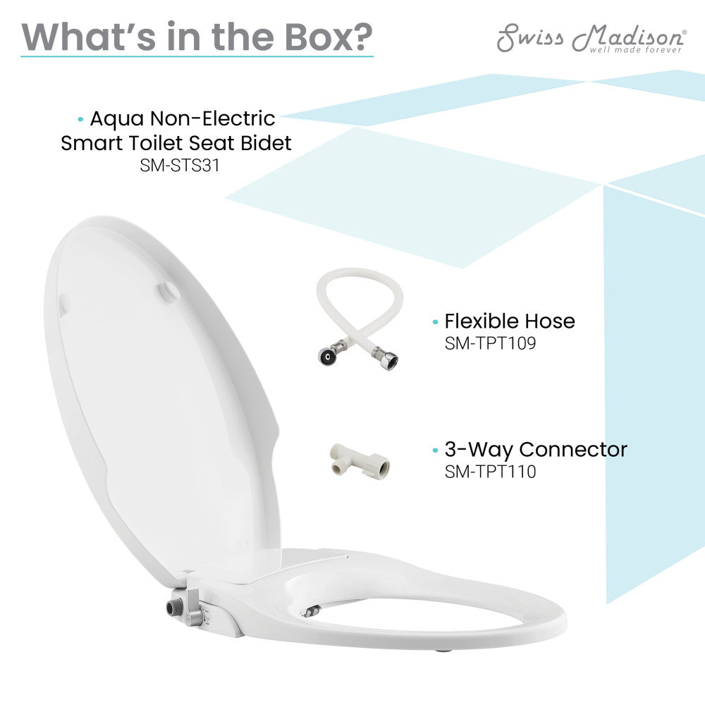 Aqua non-electric smart toilet seat bidet in white with flexible hose and 3-way connector included.