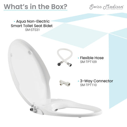 Aqua non-electric smart toilet seat bidet in white with flexible hose and 3-way connector included.
