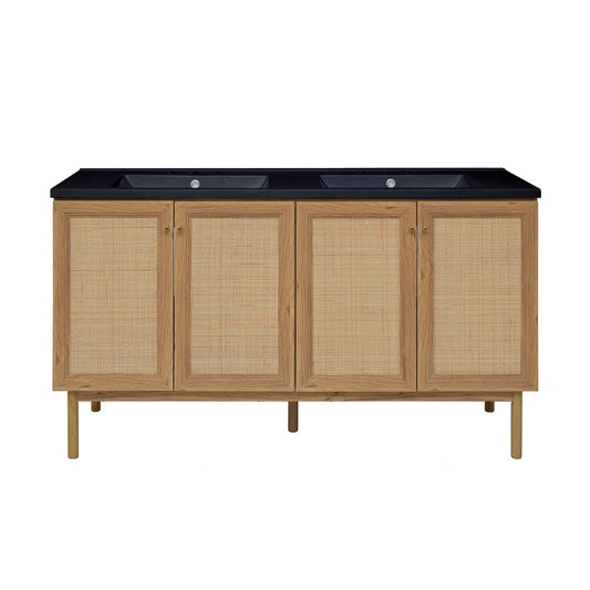 Classe 60" Freestanding Bathroom Vanity in Golden Oak with Black 3-Hole Widespread Double Basin Sink Top