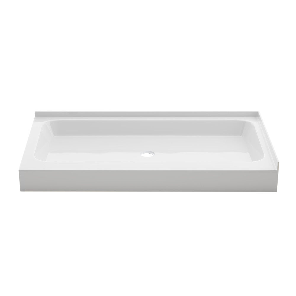 Voltaire 60" x 32" Double-Threshold Right Corner Shower Pan Base with Center Drain in Glossy White