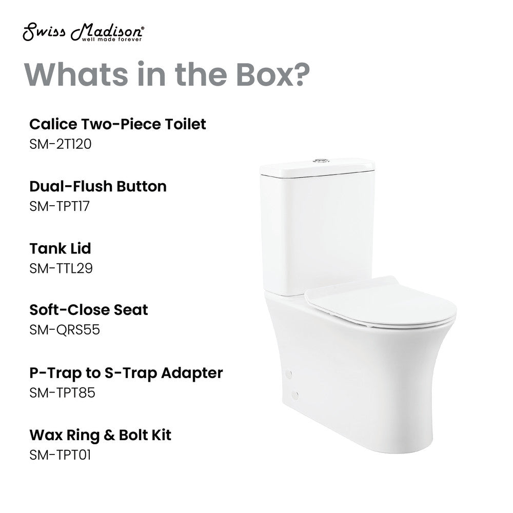 Elongated two-piece rear outlet toilet with dual-flush buttons and soft-close seat, white ceramic.