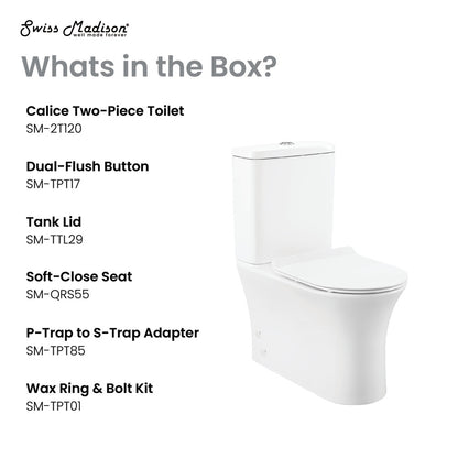 Elongated two-piece rear outlet toilet with dual-flush buttons and soft-close seat, white ceramic.