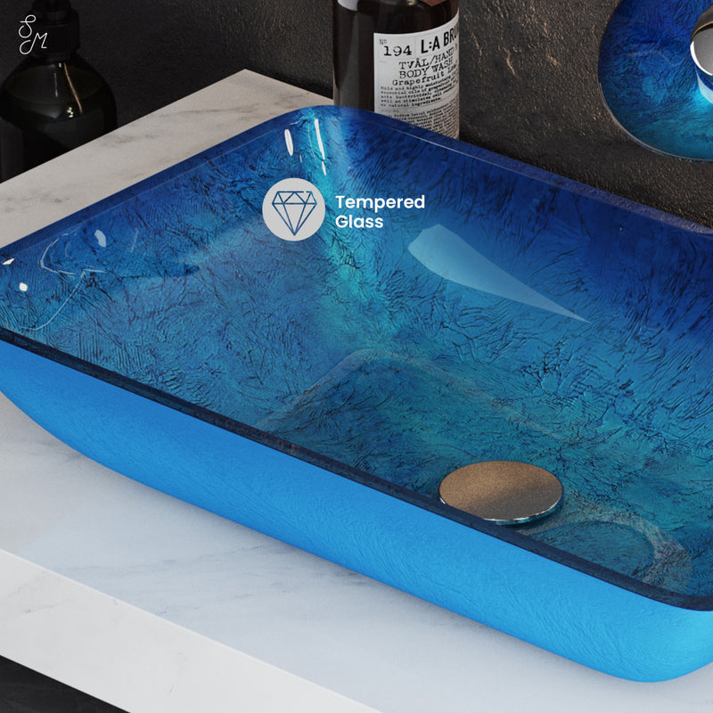 Cascade Rectangular Glass Vessel Sink with Faucet, Ocean Blue