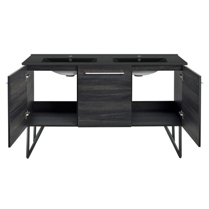 Annecy 60 in. Black Walnut, Double Basin Bathroom Vanity With Black Artificial Stone Sink Top