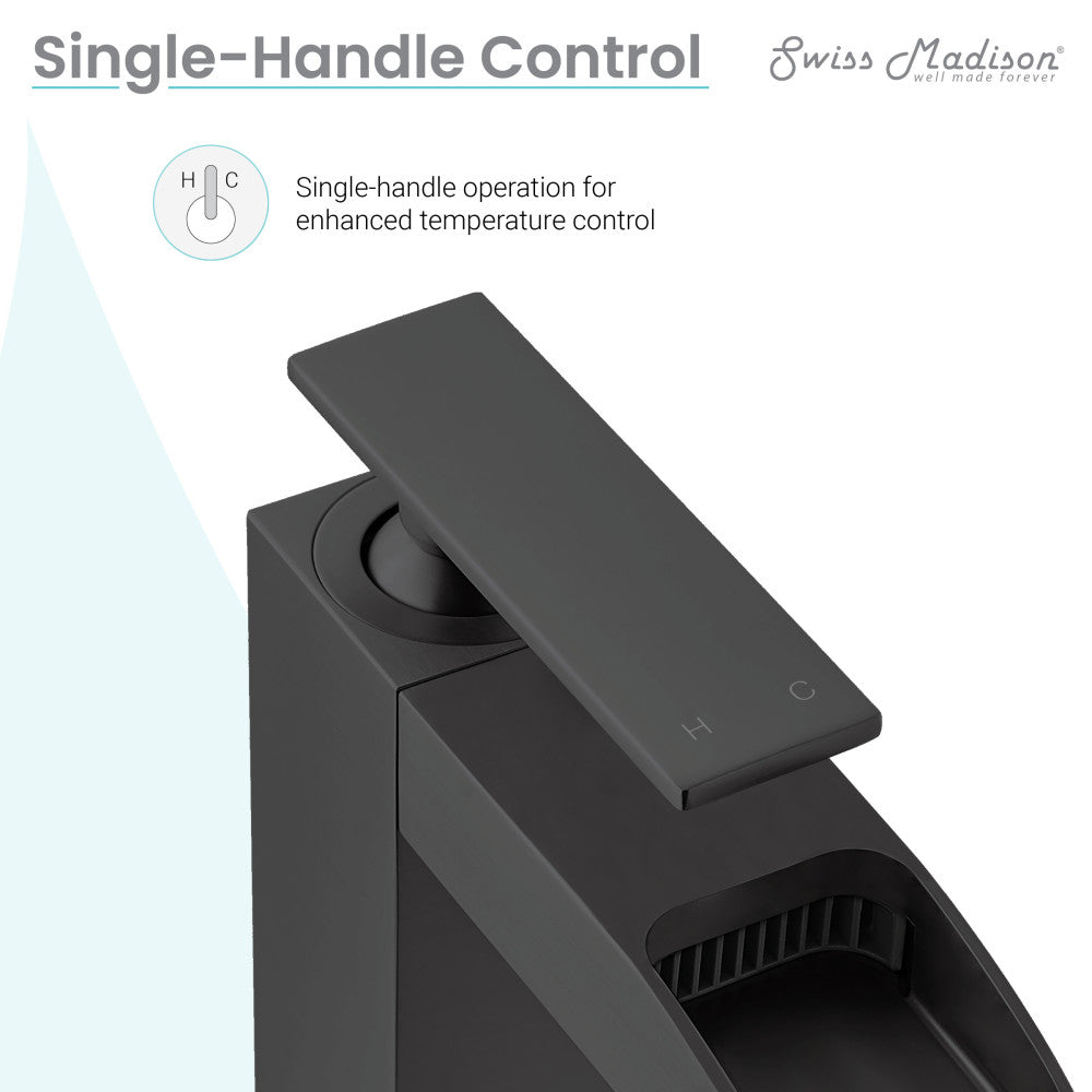 Single-handle waterfall bathroom faucet in matte black with rectangular lever handle and sleek spout design.
