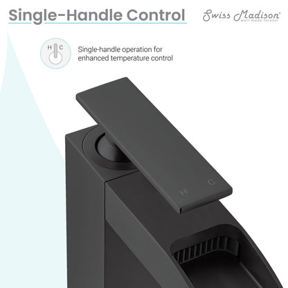 Single-handle waterfall bathroom faucet in matte black with rectangular lever handle and sleek spout design.