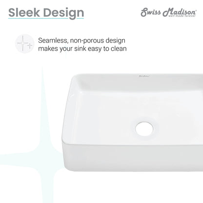 Rectangular white ceramic vessel sink with smooth edges and center drain hole.