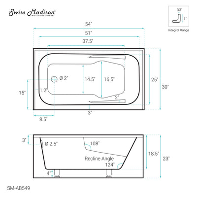 Voltaire 54 x 30 Skirted Left Drain Soaking Alcove Bathtub in Glossy White with Integrated Armrest